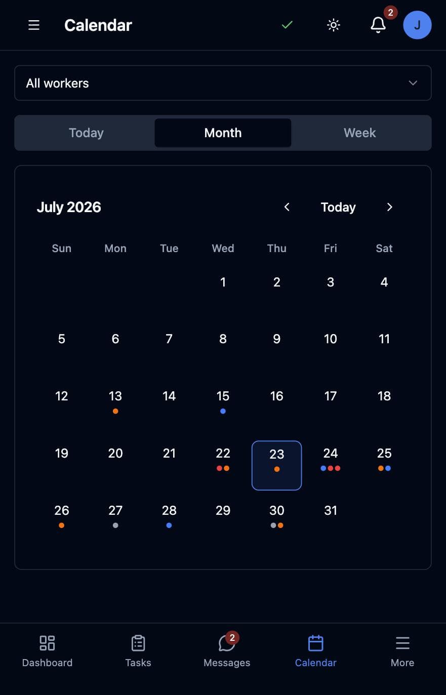 Calendar dispatch — tap a day to schedule