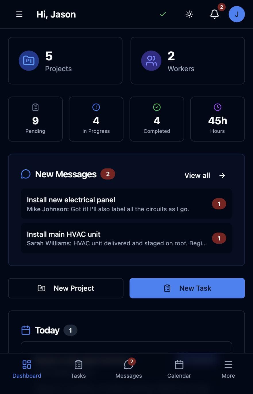 Contractor dashboard — the whole company at a glance