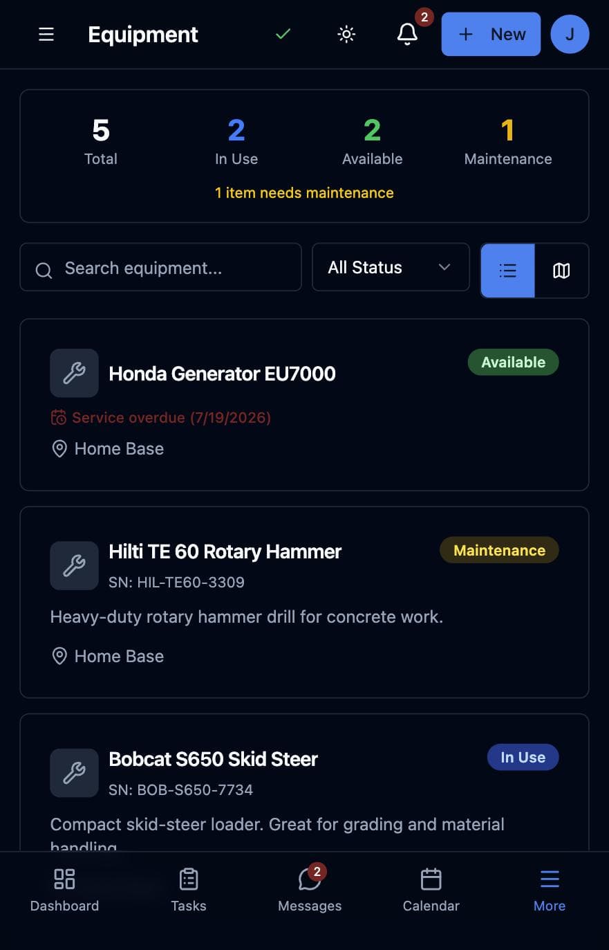 Equipment tracking with service reminders