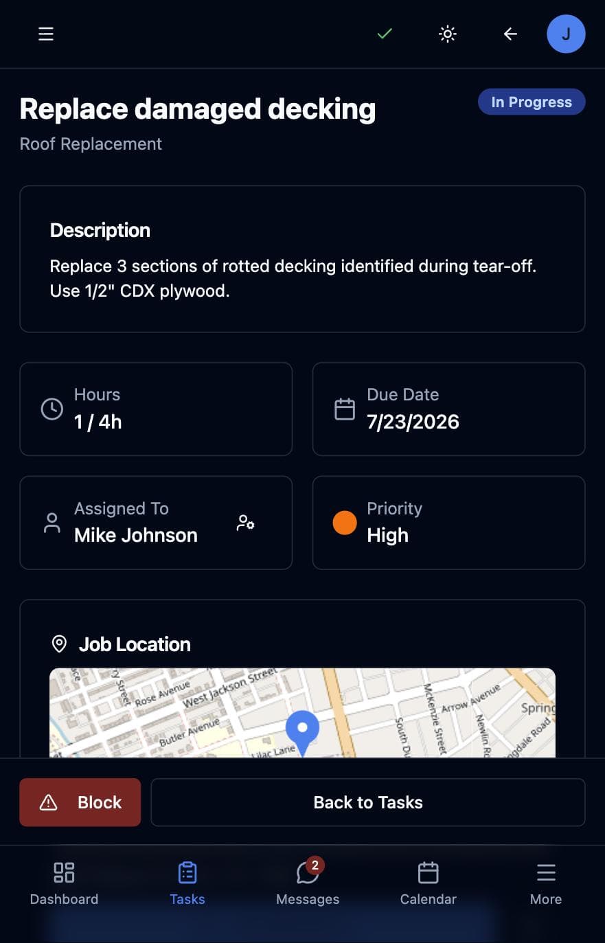 Task detail with live map, weather & chat