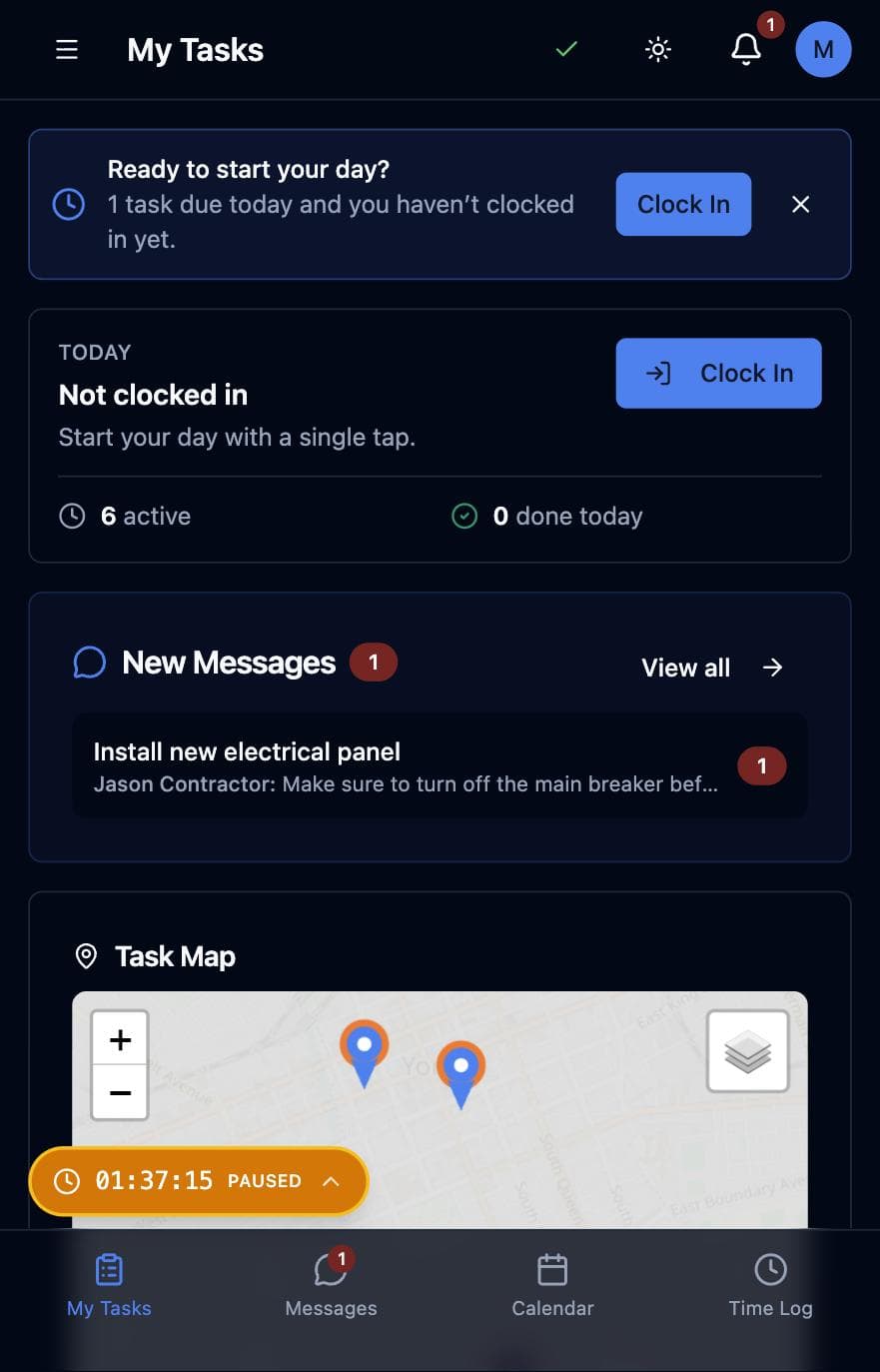 Worker view — clock-in reminder & one-tap shifts